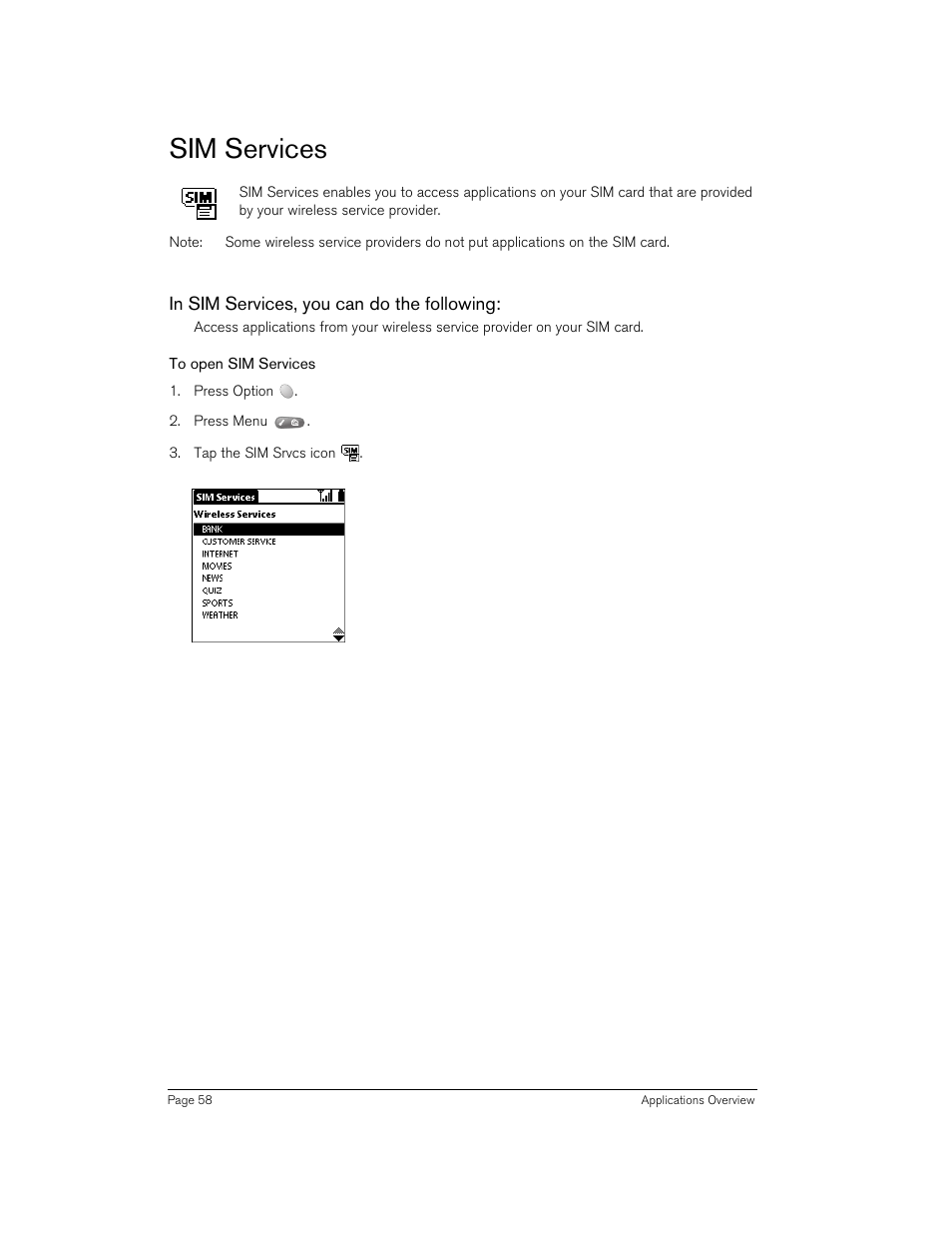 Sim services, In sim services, you can do the following, To open sim services | Handspring Treo 270 User Manual | Page 58 / 235