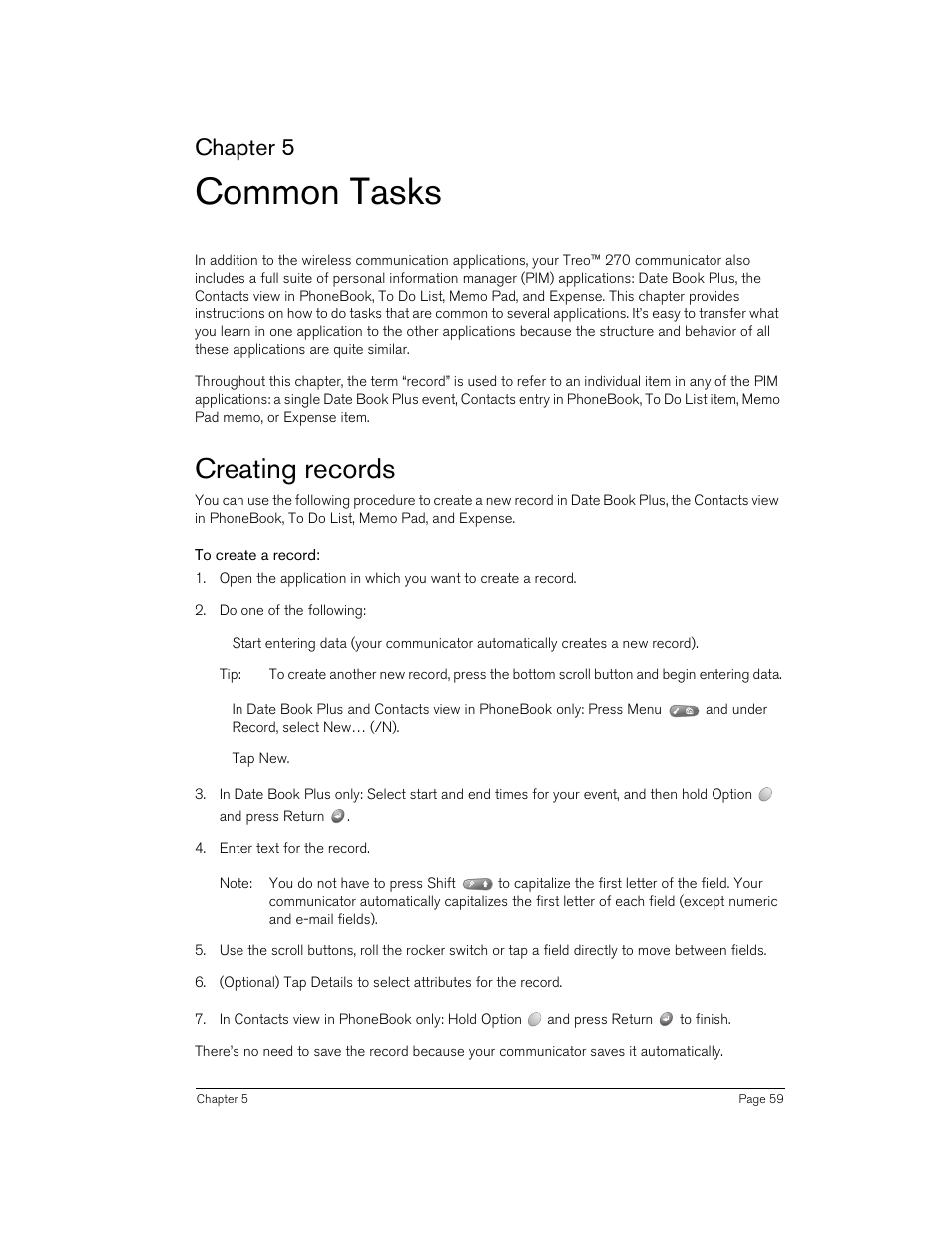 Common tasks, Creating records, To create a record | Chapter 5 | Handspring Treo 270 User Manual | Page 59 / 235