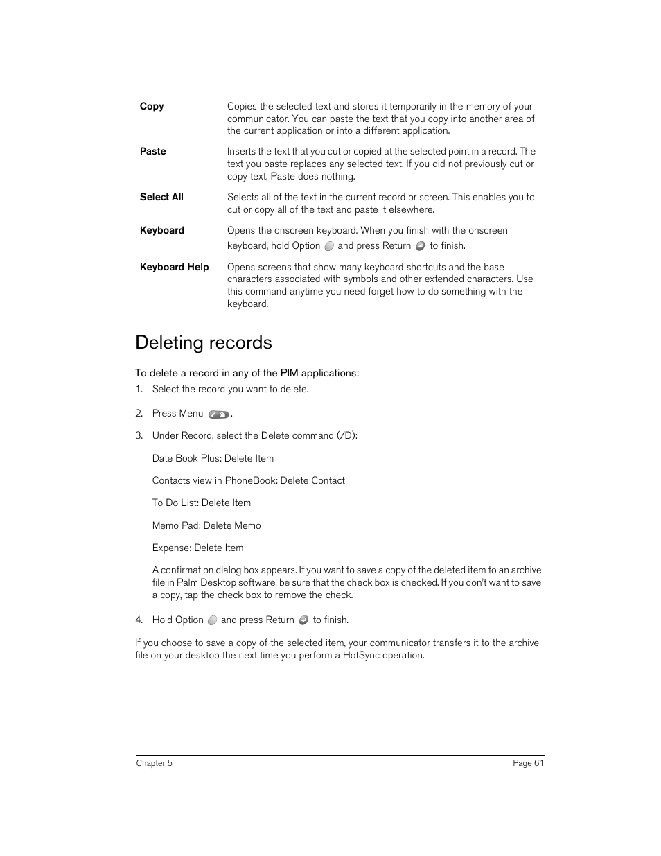 Deleting records, To delete a record in any of the pim applications | Handspring Treo 270 User Manual | Page 61 / 235