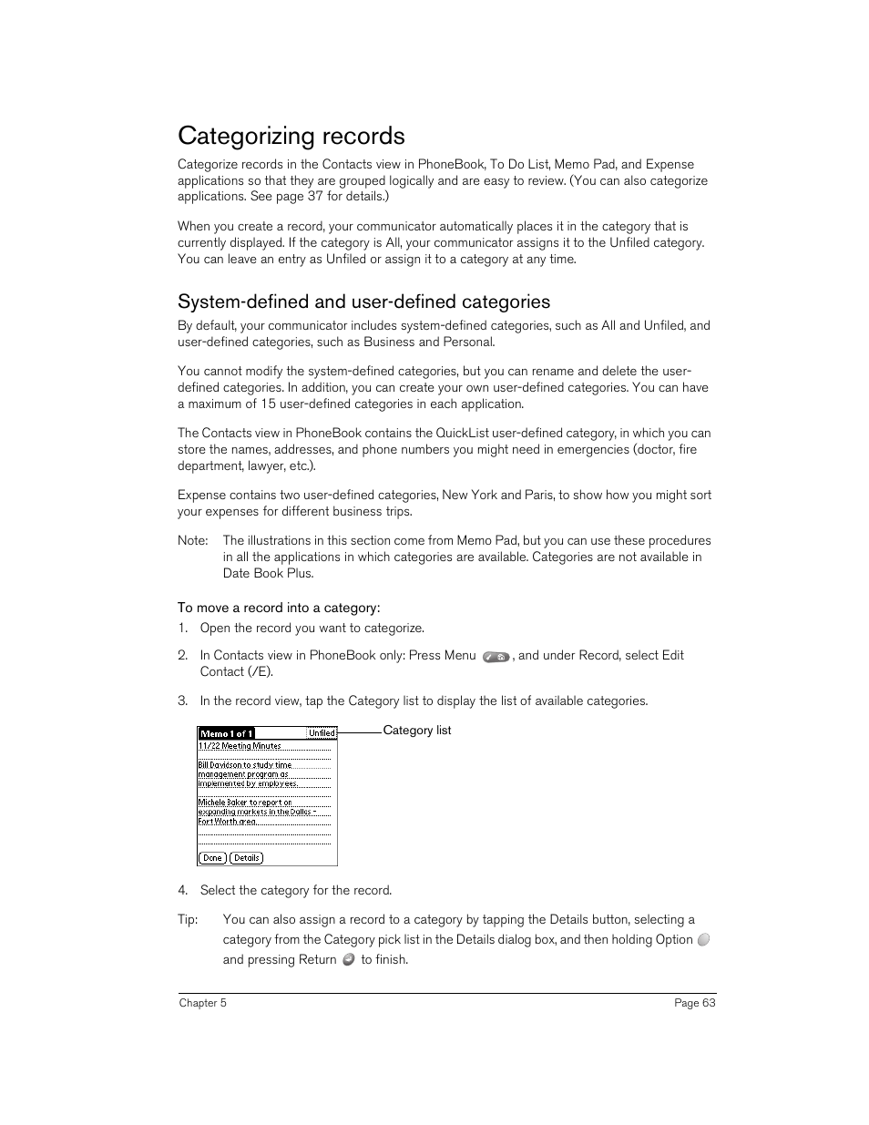 Categorizing records, System-defined and user-defined categories, To move a record into a category | Handspring Treo 270 User Manual | Page 63 / 235