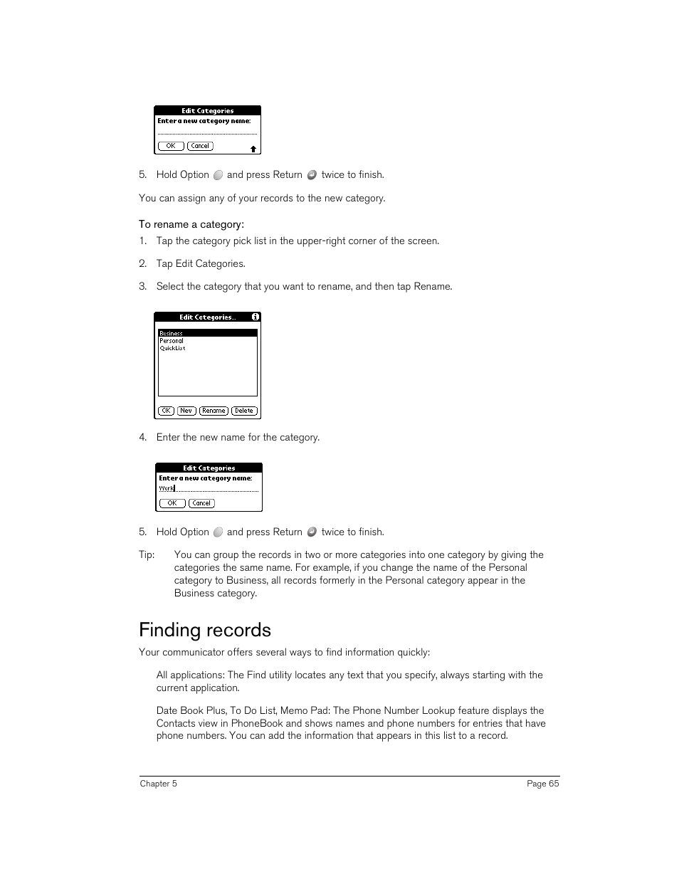 To rename a category, Finding records | Handspring Treo 270 User Manual | Page 65 / 235