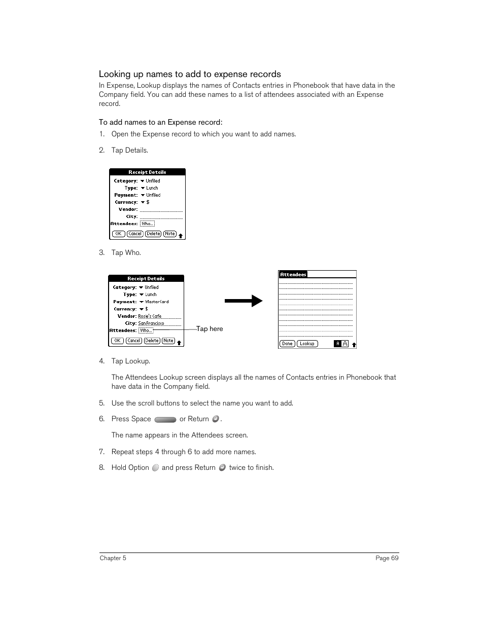 Looking up names to add to expense records, To add names to an expense record | Handspring Treo 270 User Manual | Page 69 / 235