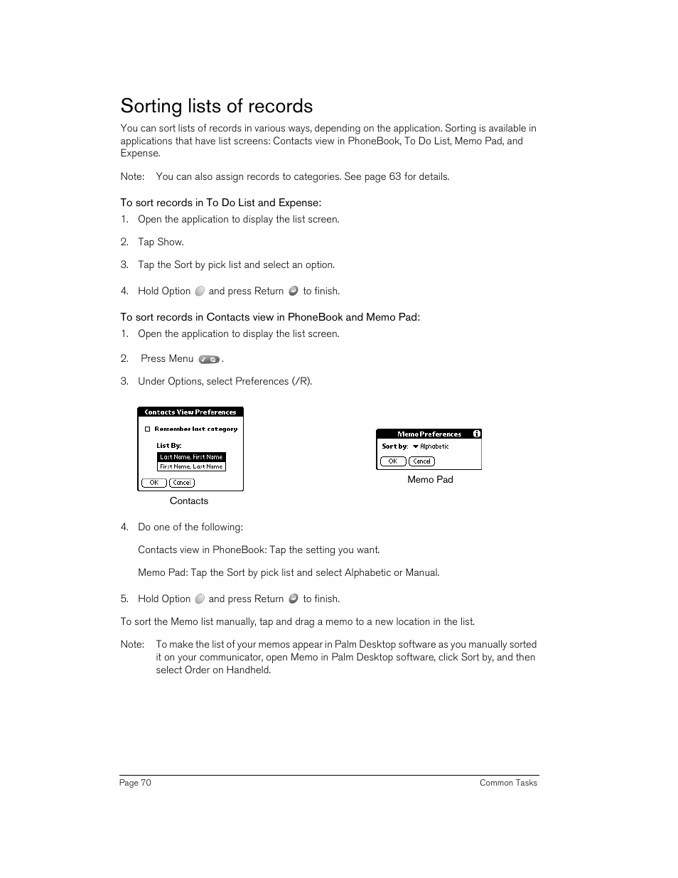 Sorting lists of records, To sort records in to do list and expense | Handspring Treo 270 User Manual | Page 70 / 235