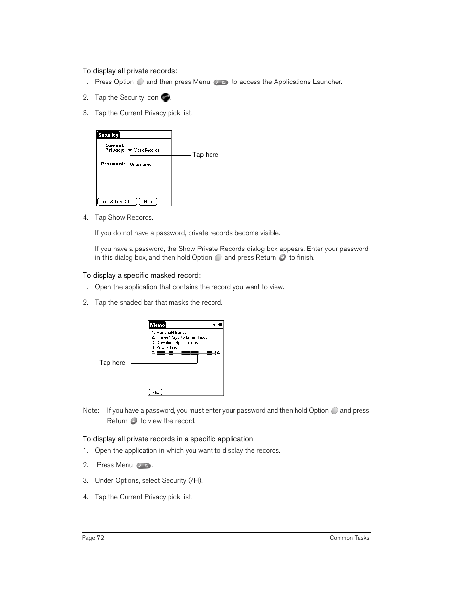To display all private records, To display a specific masked record | Handspring Treo 270 User Manual | Page 72 / 235