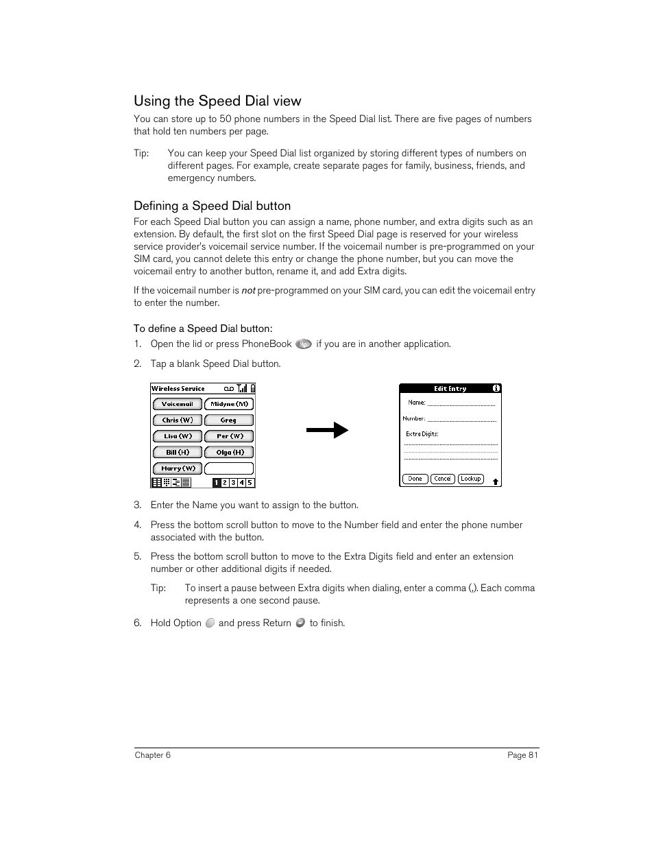 Using the speed dial view, Defining a speed dial button, To define a speed dial button | Handspring Treo 270 User Manual | Page 81 / 235