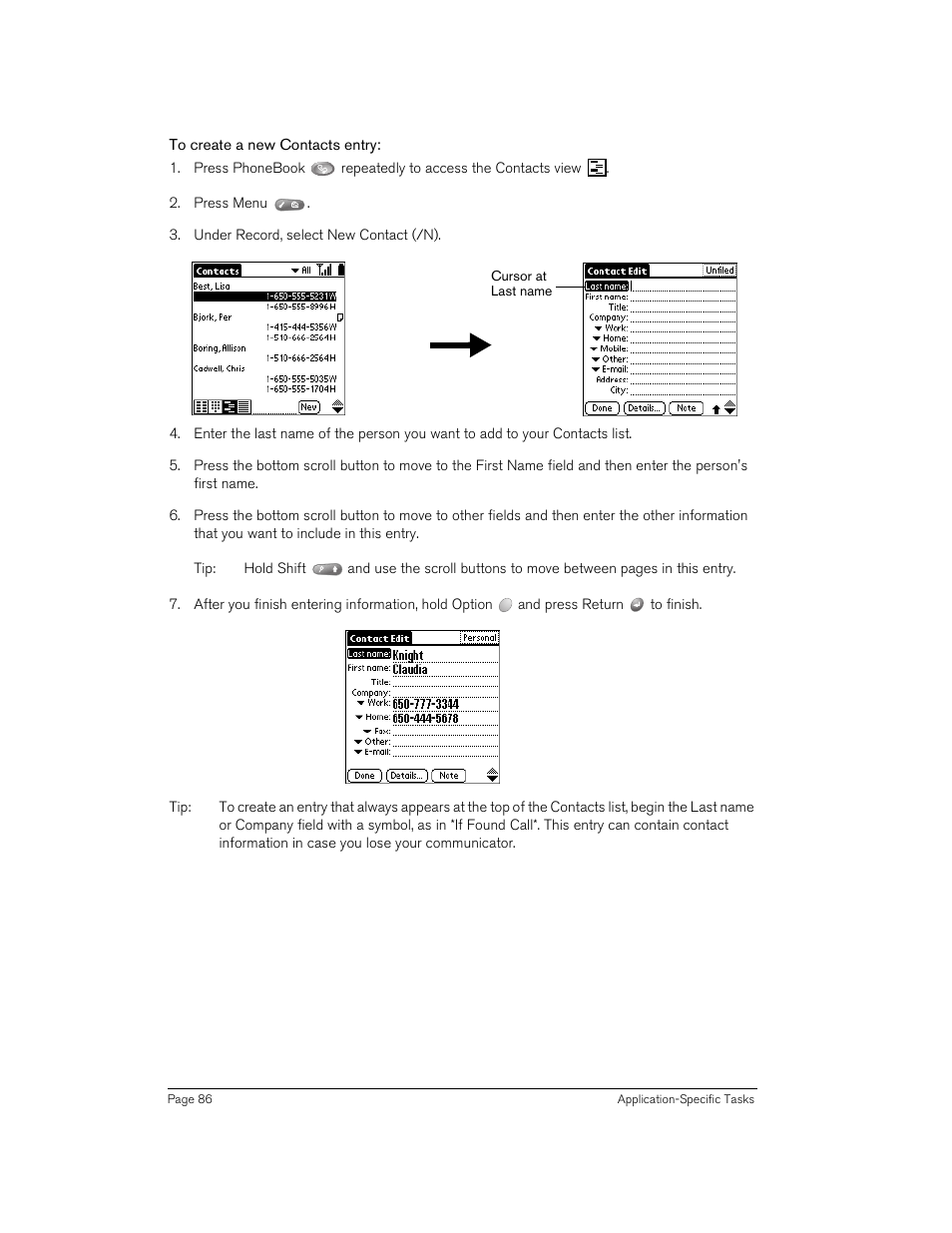To create a new contacts entry | Handspring Treo 270 User Manual | Page 86 / 235