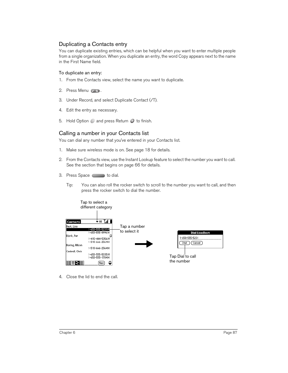 Duplicating a contacts entry, To duplicate an entry, Calling a number in your contacts list | Handspring Treo 270 User Manual | Page 87 / 235