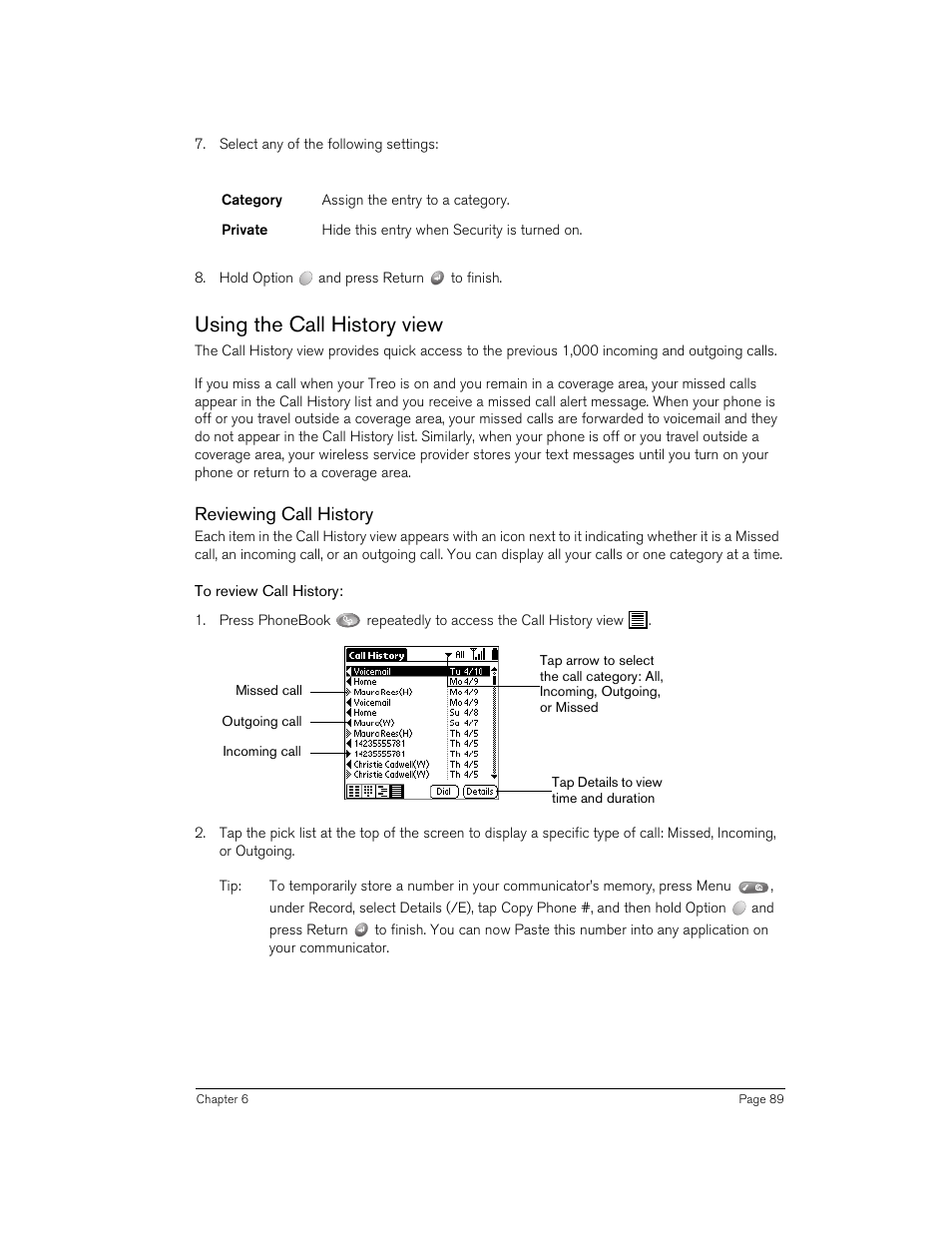 Using the call history view, Reviewing call history, To review call history | Handspring Treo 270 User Manual | Page 89 / 235