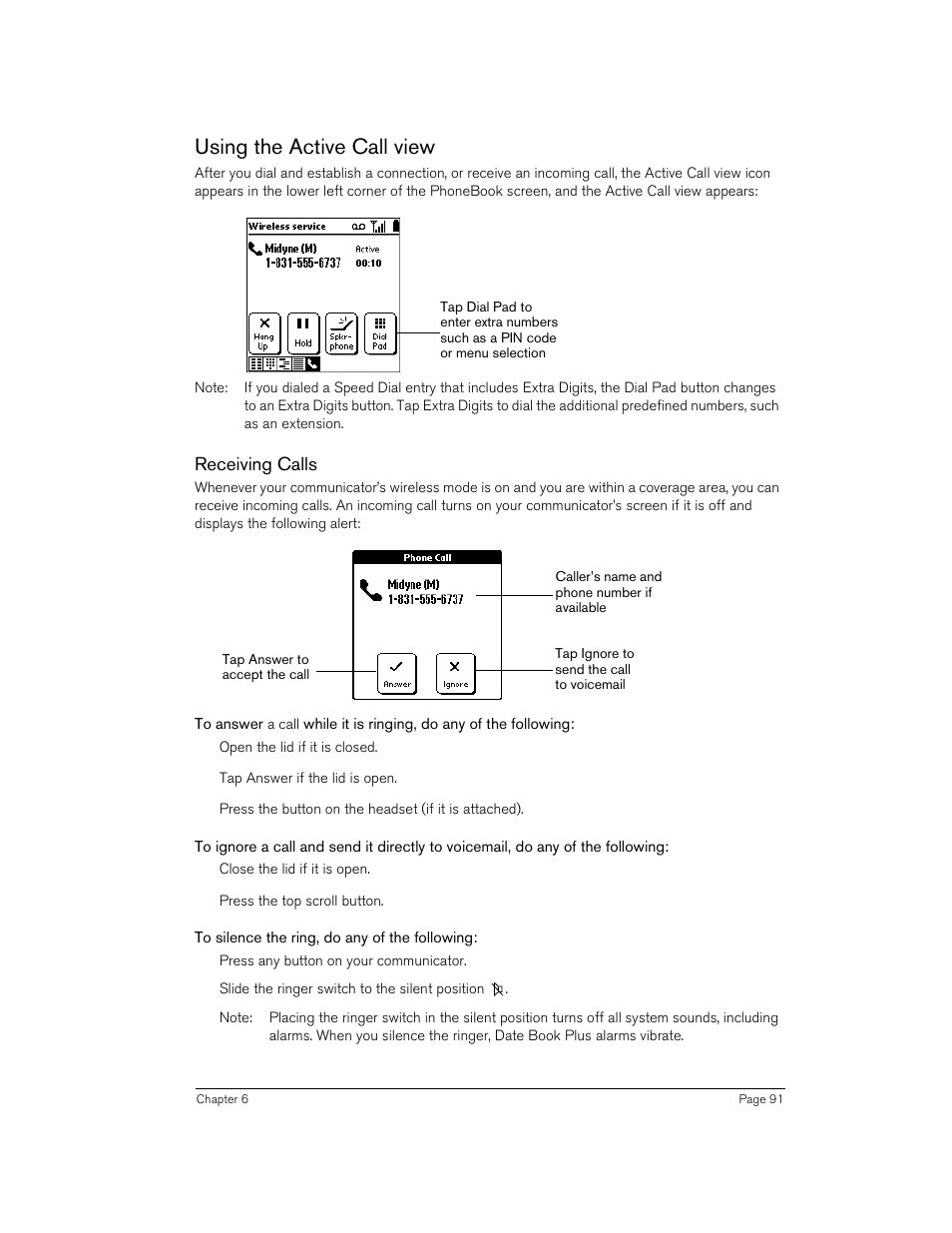 Using the active call view, Receiving calls, To silence the ring, do any of the following | Handspring Treo 270 User Manual | Page 91 / 235