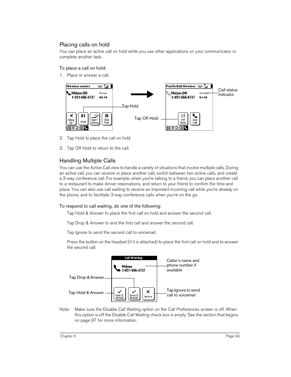 Placing calls on hold, To place a call on hold, Handling multiple calls | Handspring Treo 270 User Manual | Page 93 / 235