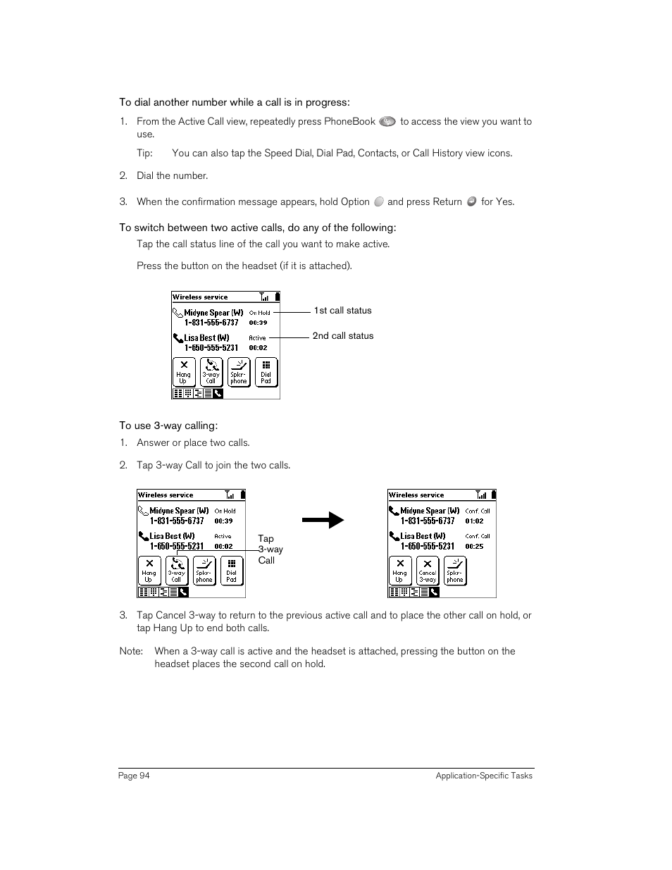 To dial another number while a call is in progress, To use 3-way calling | Handspring Treo 270 User Manual | Page 94 / 235