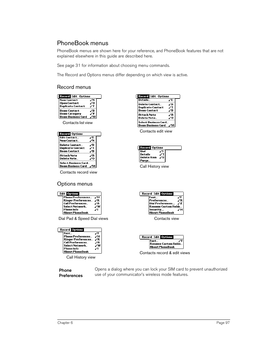 Phonebook menus, Record menus, Options menus | Handspring Treo 270 User Manual | Page 97 / 235