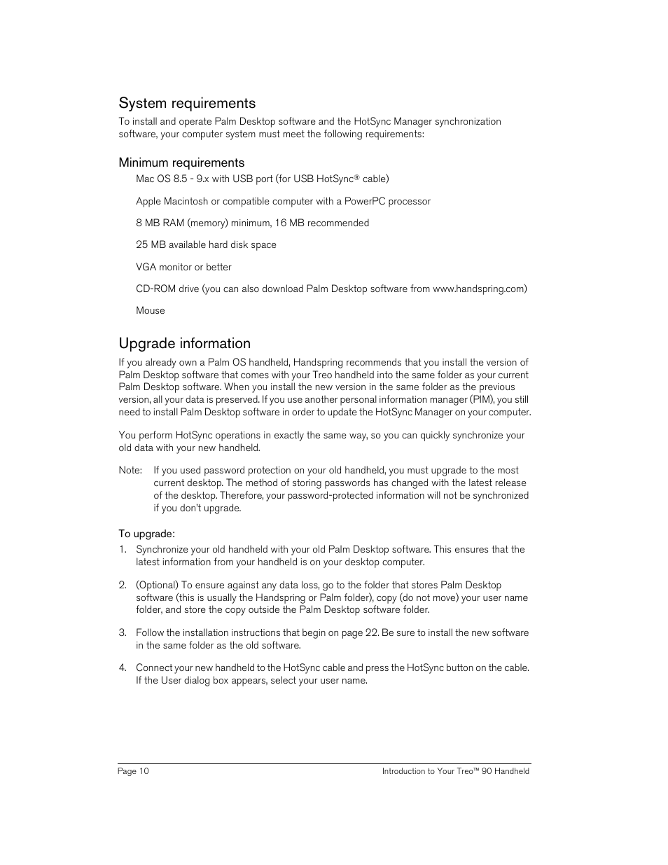 System requirements, Minimum requirements, Upgrade information | To upgrade, System requirements upgrade information | Handspring 90 User Manual | Page 10 / 232