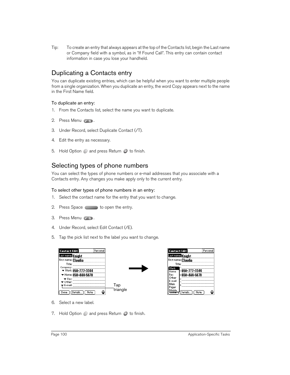 Duplicating a contacts entry, To duplicate an entry, Selecting types of phone numbers | To select other types of phone numbers in an entry | Handspring 90 User Manual | Page 100 / 232