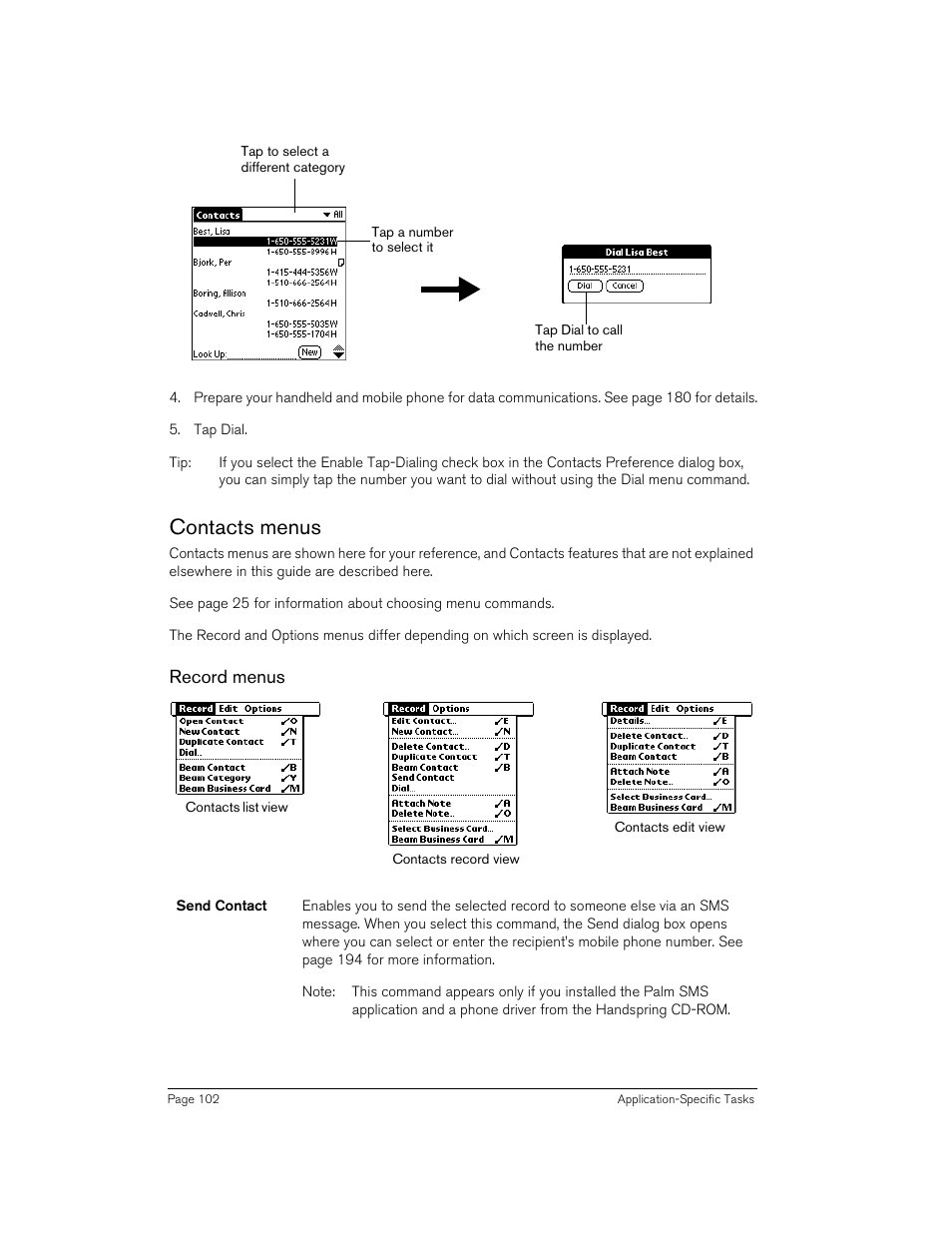 Contacts menus, Record menus | Handspring 90 User Manual | Page 102 / 232