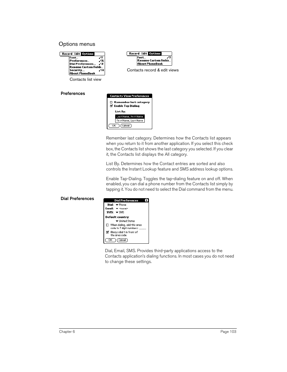 Options menus | Handspring 90 User Manual | Page 103 / 232