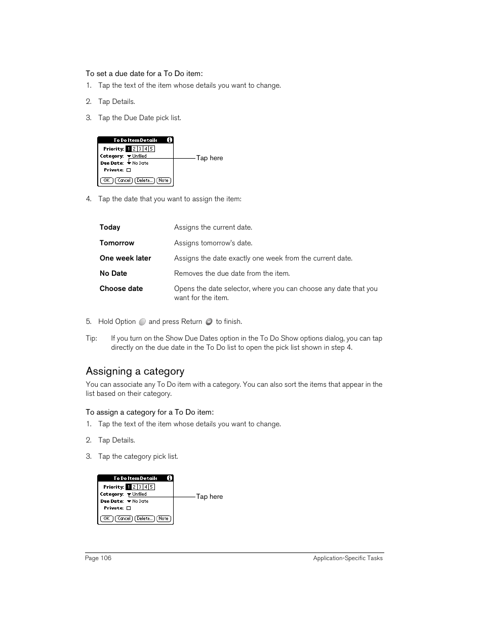 To set a due date for a to do item, Assigning a category, To assign a category for a to do item | Handspring 90 User Manual | Page 106 / 232