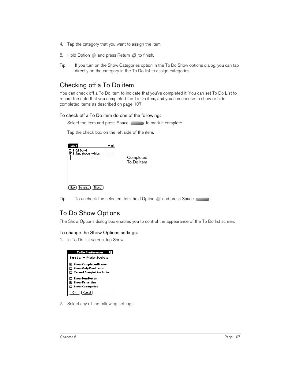Checking off a to do item, To check off a to do item do one of the following, To do show options | To change the show options settings, Checking off a to do item to do show options | Handspring 90 User Manual | Page 107 / 232