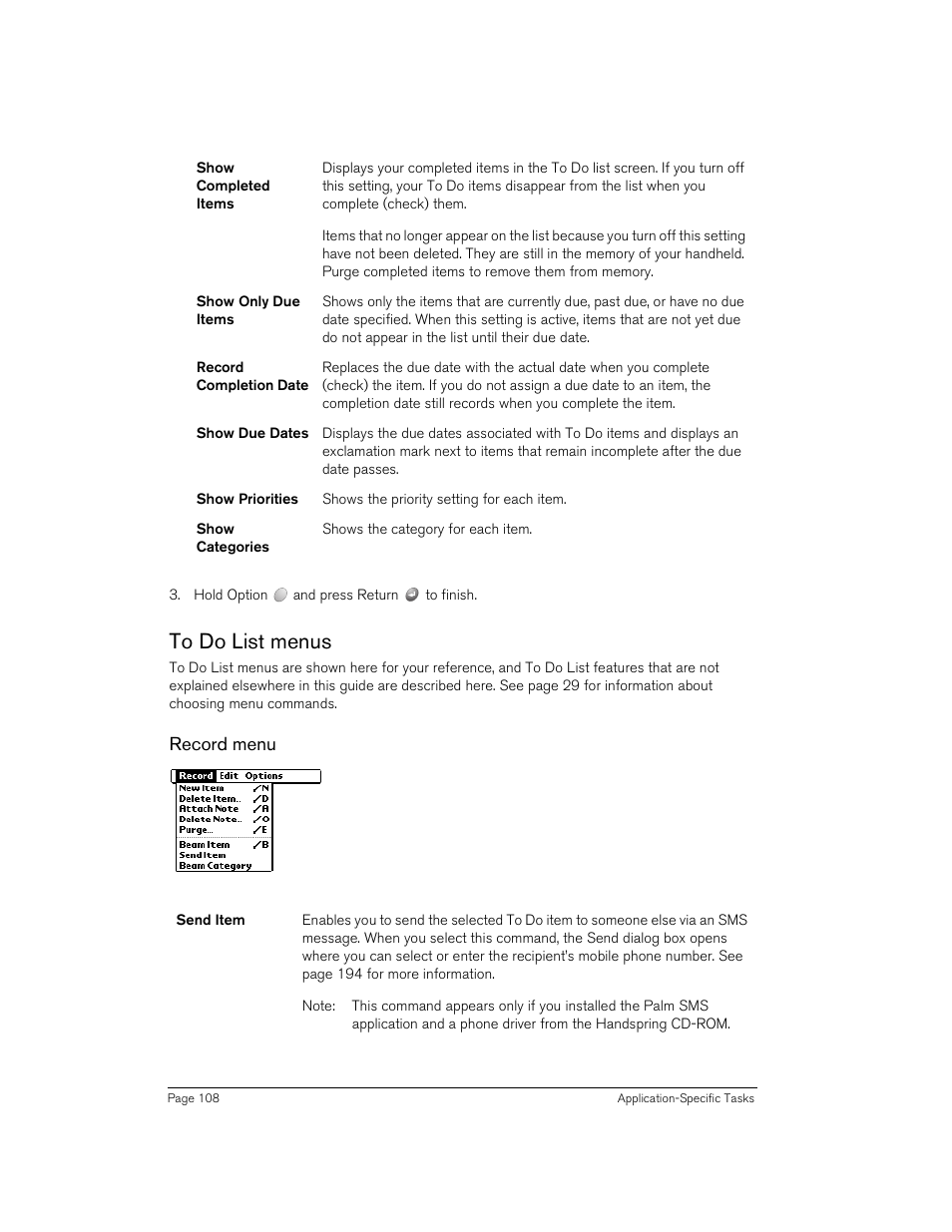 To do list menus, Record menu | Handspring 90 User Manual | Page 108 / 232