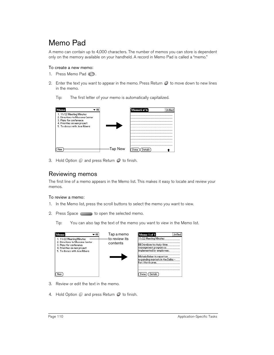 Memo pad, To create a new memo, Reviewing memos | To review a memo | Handspring 90 User Manual | Page 110 / 232