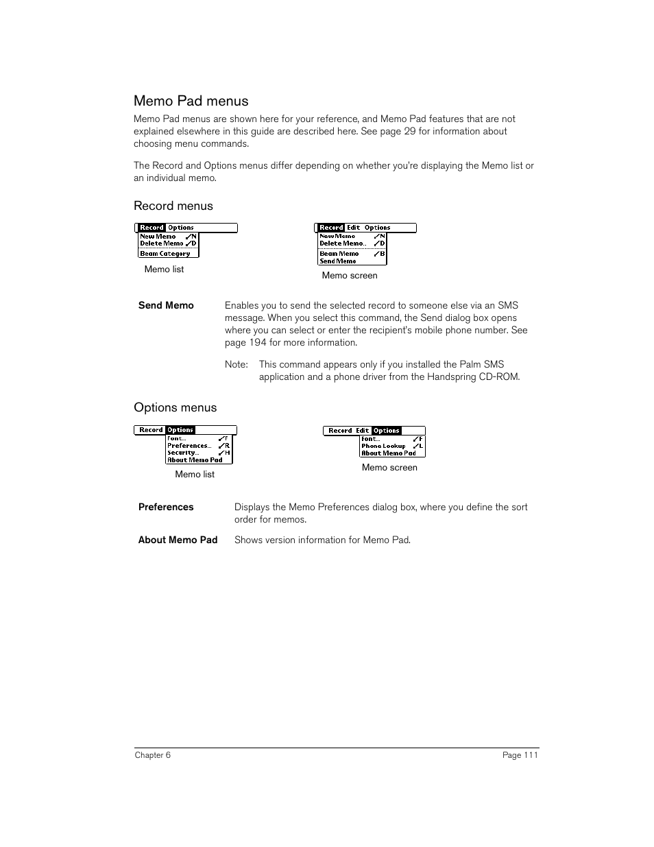 Memo pad menus, Record menus, Options menus | Handspring 90 User Manual | Page 111 / 232