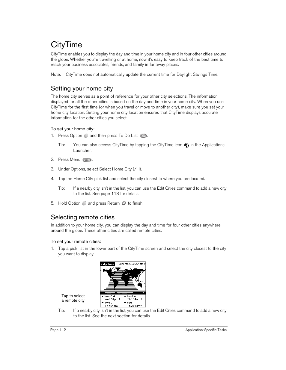 Citytime, Setting your home city, To set your home city | Selecting remote cities, To set your remote cities, Setting your home city selecting remote cities | Handspring 90 User Manual | Page 112 / 232