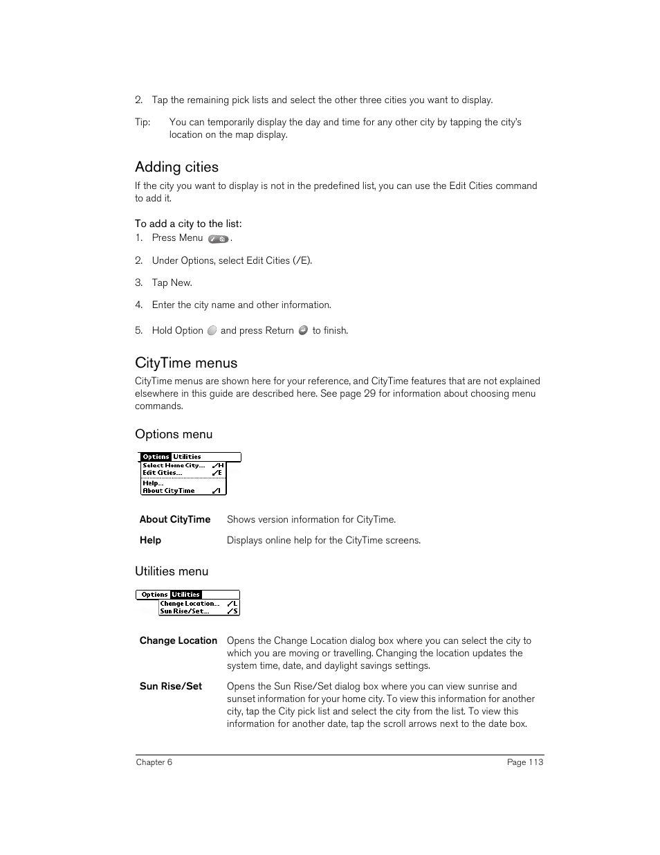 Adding cities, To add a city to the list, Citytime menus | Options menu, Utilities menu, Adding cities citytime menus | Handspring 90 User Manual | Page 113 / 232