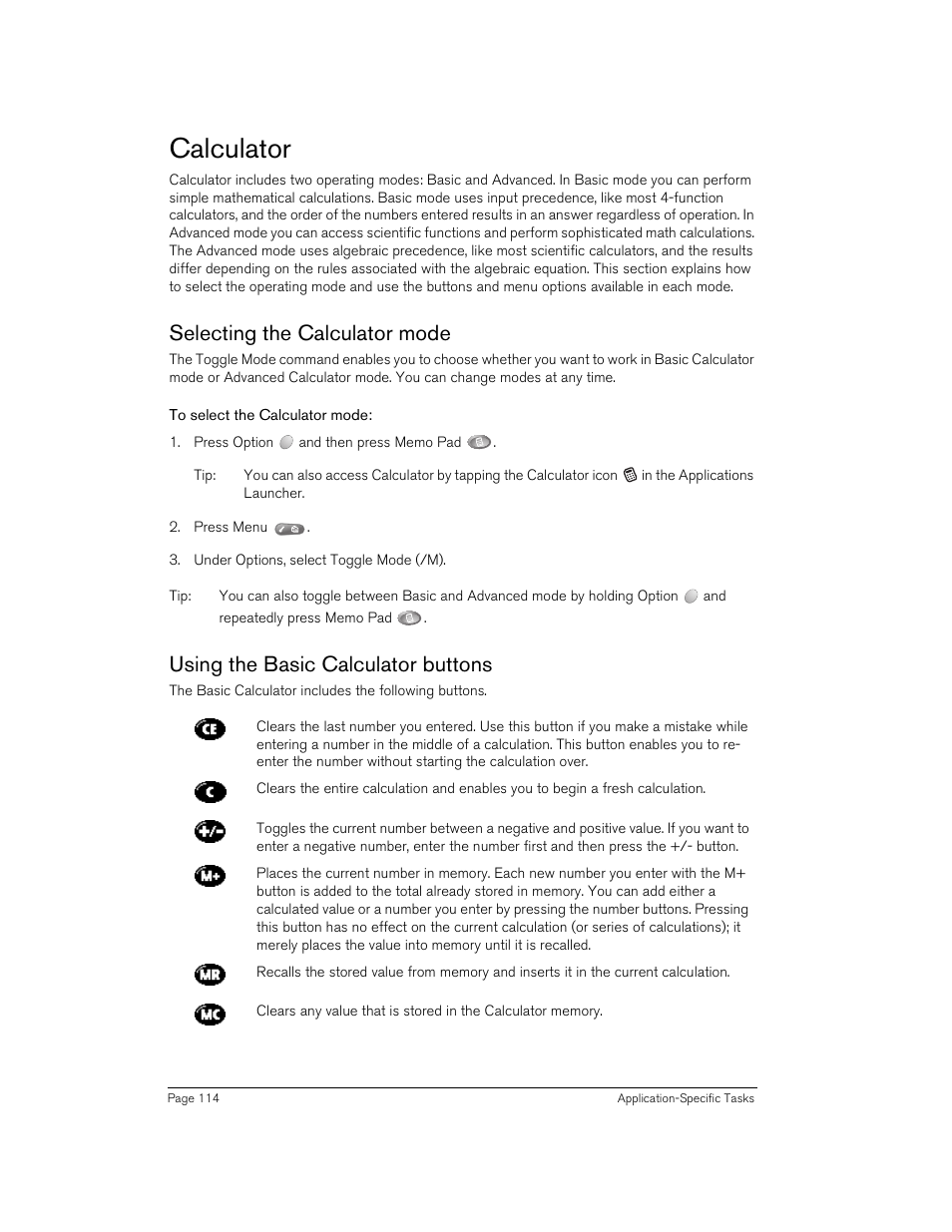 Calculator, Selecting the calculator mode, To select the calculator mode | Using the basic calculator buttons | Handspring 90 User Manual | Page 114 / 232