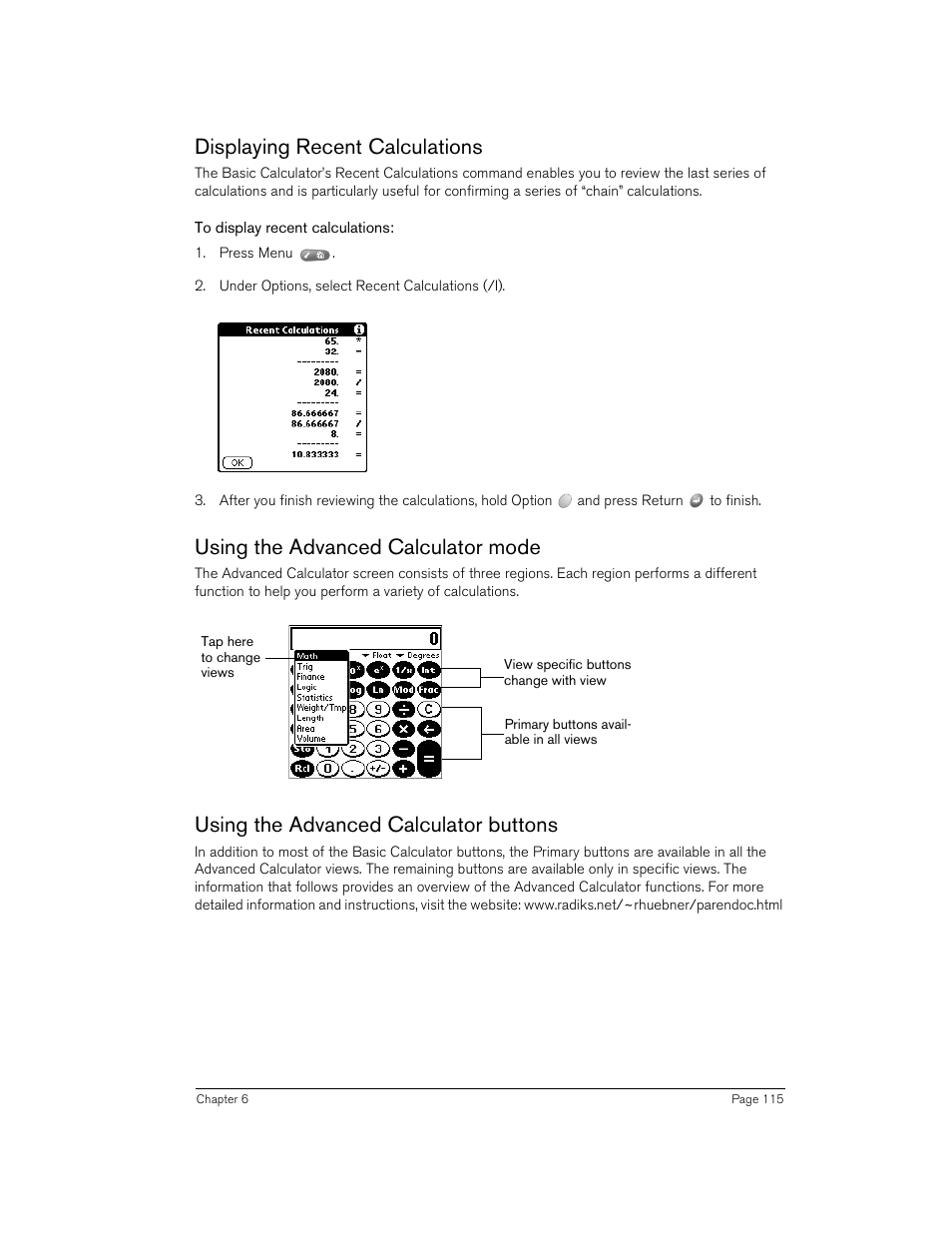 Displaying recent calculations, To display recent calculations, Using the advanced calculator mode | Using the advanced calculator buttons | Handspring 90 User Manual | Page 115 / 232