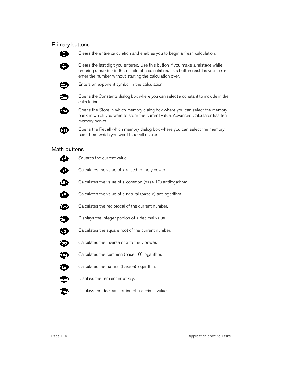 Primary buttons, Math buttons, Primary buttons math buttons | Handspring 90 User Manual | Page 116 / 232