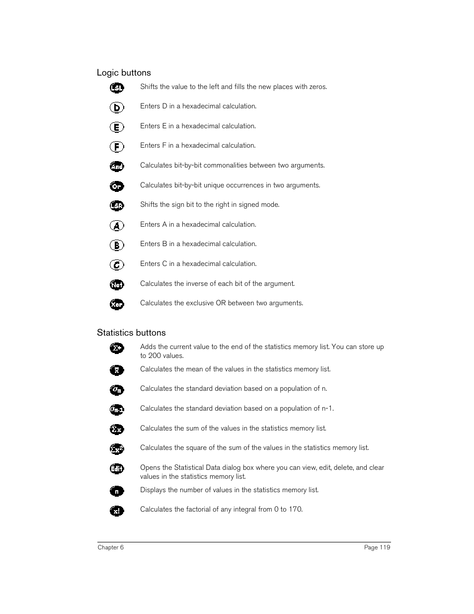 Logic buttons, Statistics buttons, Logic buttons statistics buttons | Handspring 90 User Manual | Page 119 / 232