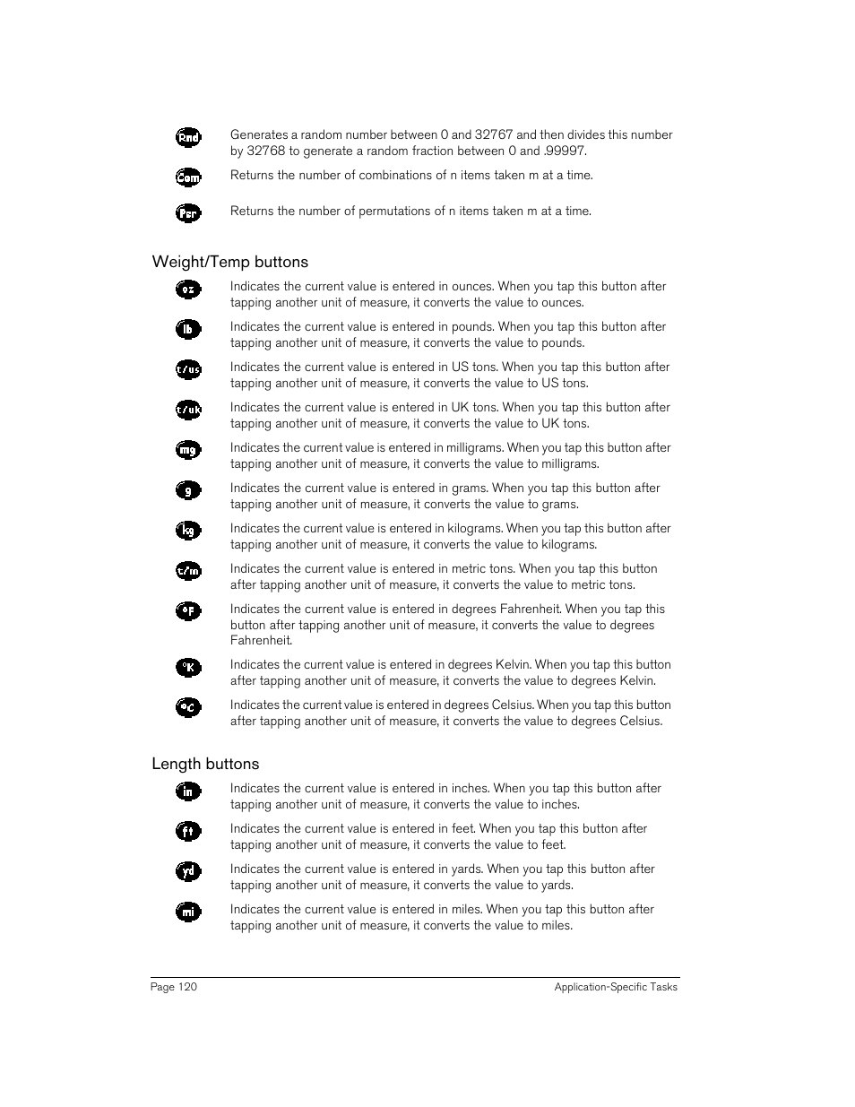 Weight/temp buttons, Length buttons, Weight/temp buttons length buttons | Handspring 90 User Manual | Page 120 / 232