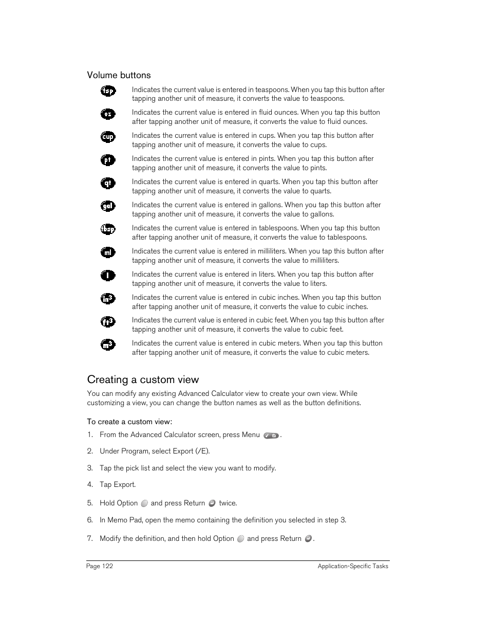 Volume buttons, Creating a custom view, To create a custom view | Handspring 90 User Manual | Page 122 / 232