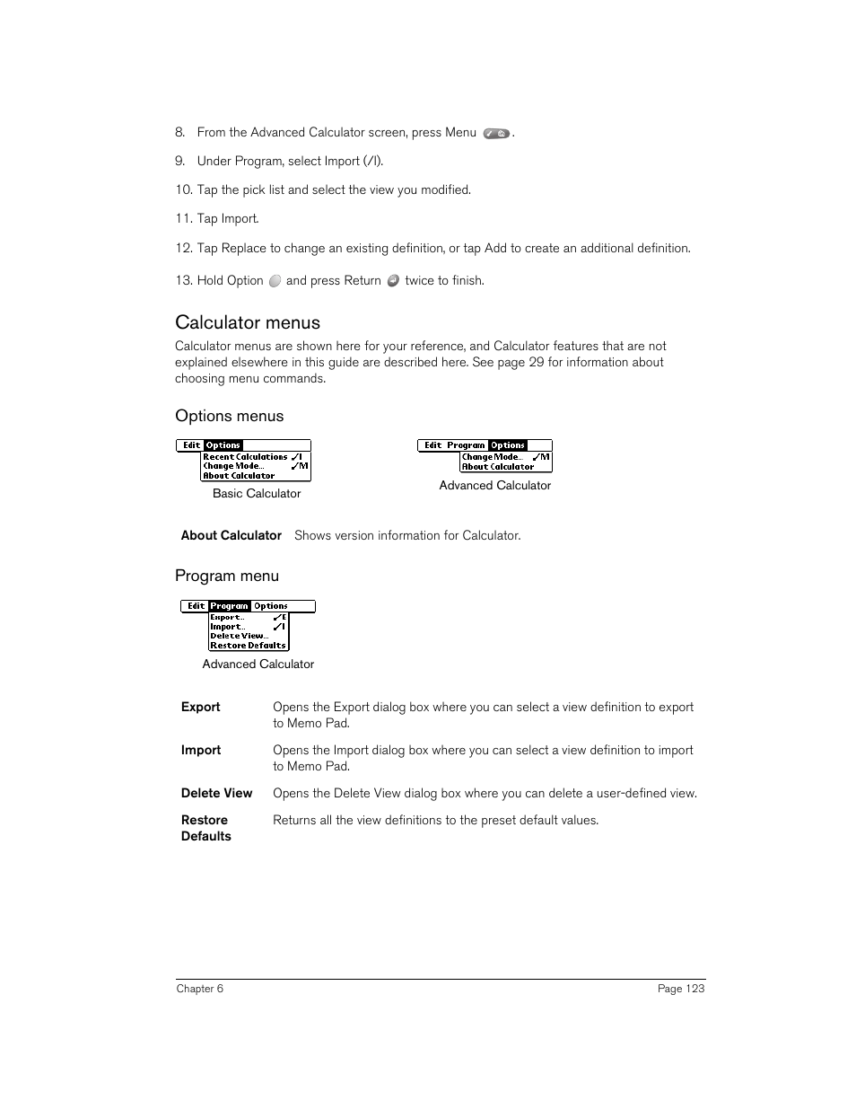 Calculator menus, Options menus, Program menu | Options menus program menu | Handspring 90 User Manual | Page 123 / 232