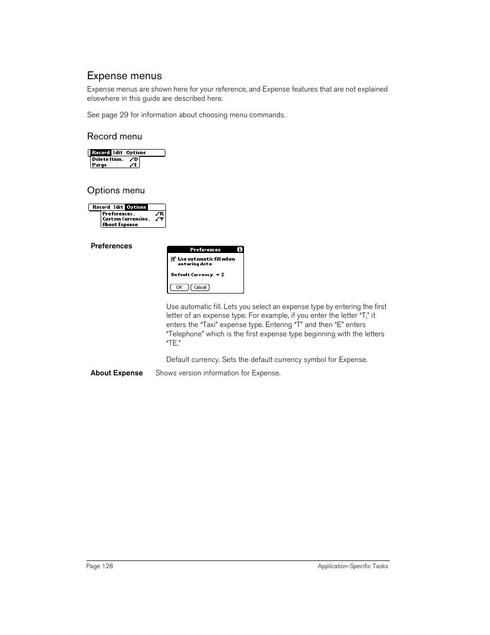 Expense menus, Record menu, Options menu | Record menu options menu | Handspring 90 User Manual | Page 128 / 232