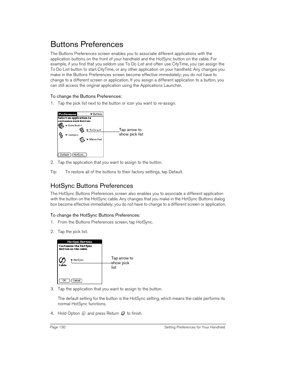 Buttons preferences, To change the buttons preferences, Hotsync buttons preferences | To change the hotsync buttons preferences | Handspring 90 User Manual | Page 130 / 232