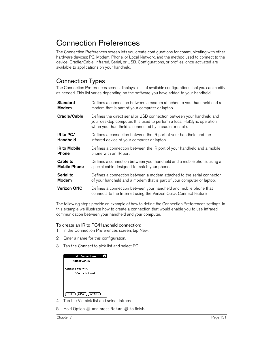 Connection preferences, Connection types, To create an ir to pc/handheld connection | Handspring 90 User Manual | Page 131 / 232