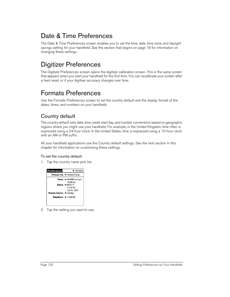 Date & time preferences, Digitizer preferences, Formats preferences | Country default, To set the country default | Handspring 90 User Manual | Page 132 / 232
