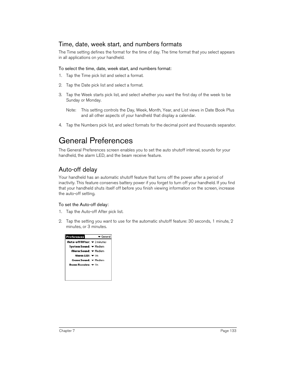 Time, date, week start, and numbers formats, General preferences, Auto-off delay | To set the auto-off delay | Handspring 90 User Manual | Page 133 / 232