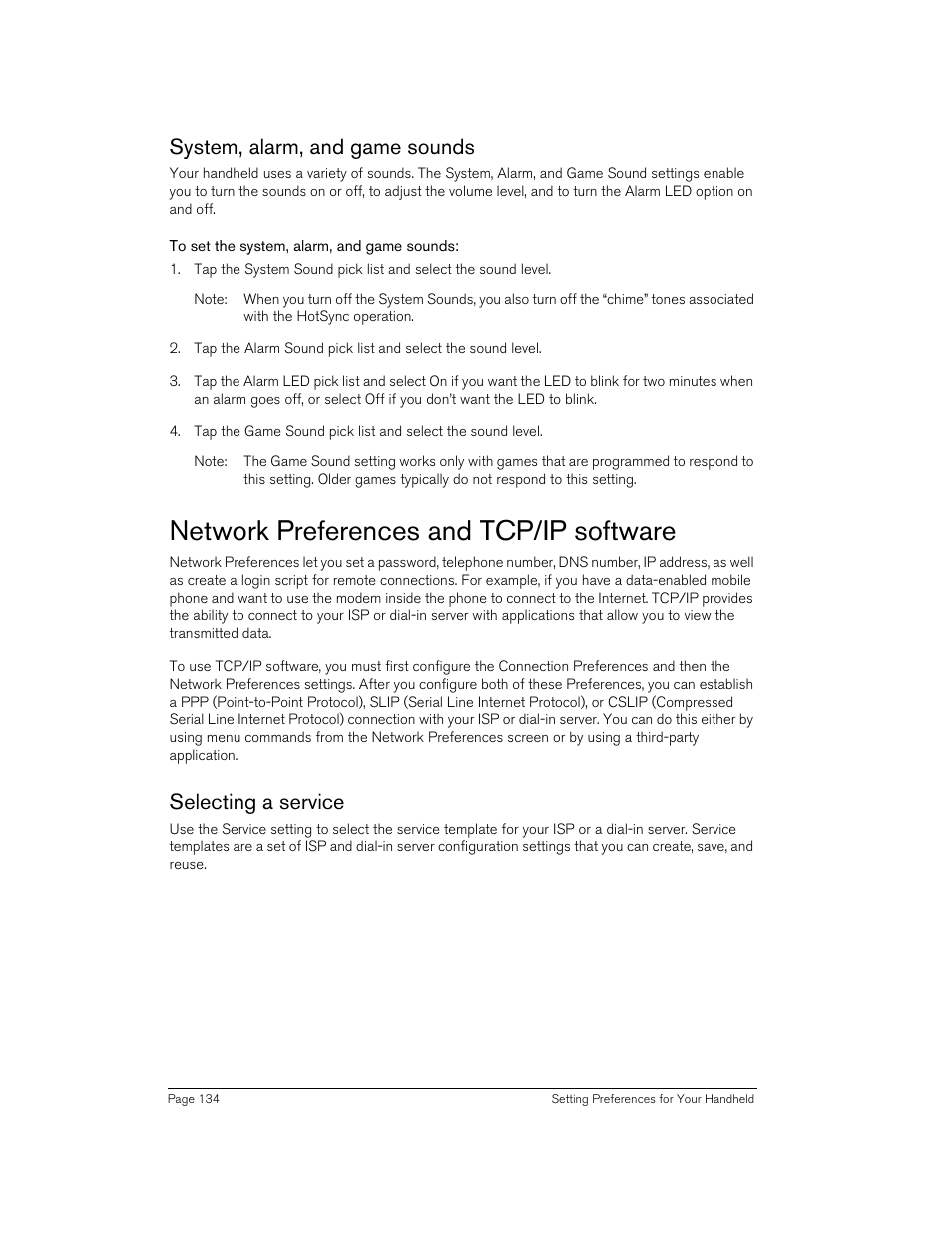 System, alarm, and game sounds, To set the system, alarm, and game sounds, Network preferences and tcp/ip software | Selecting a service, Creating e-mail items, 134 fo | Handspring 90 User Manual | Page 134 / 232