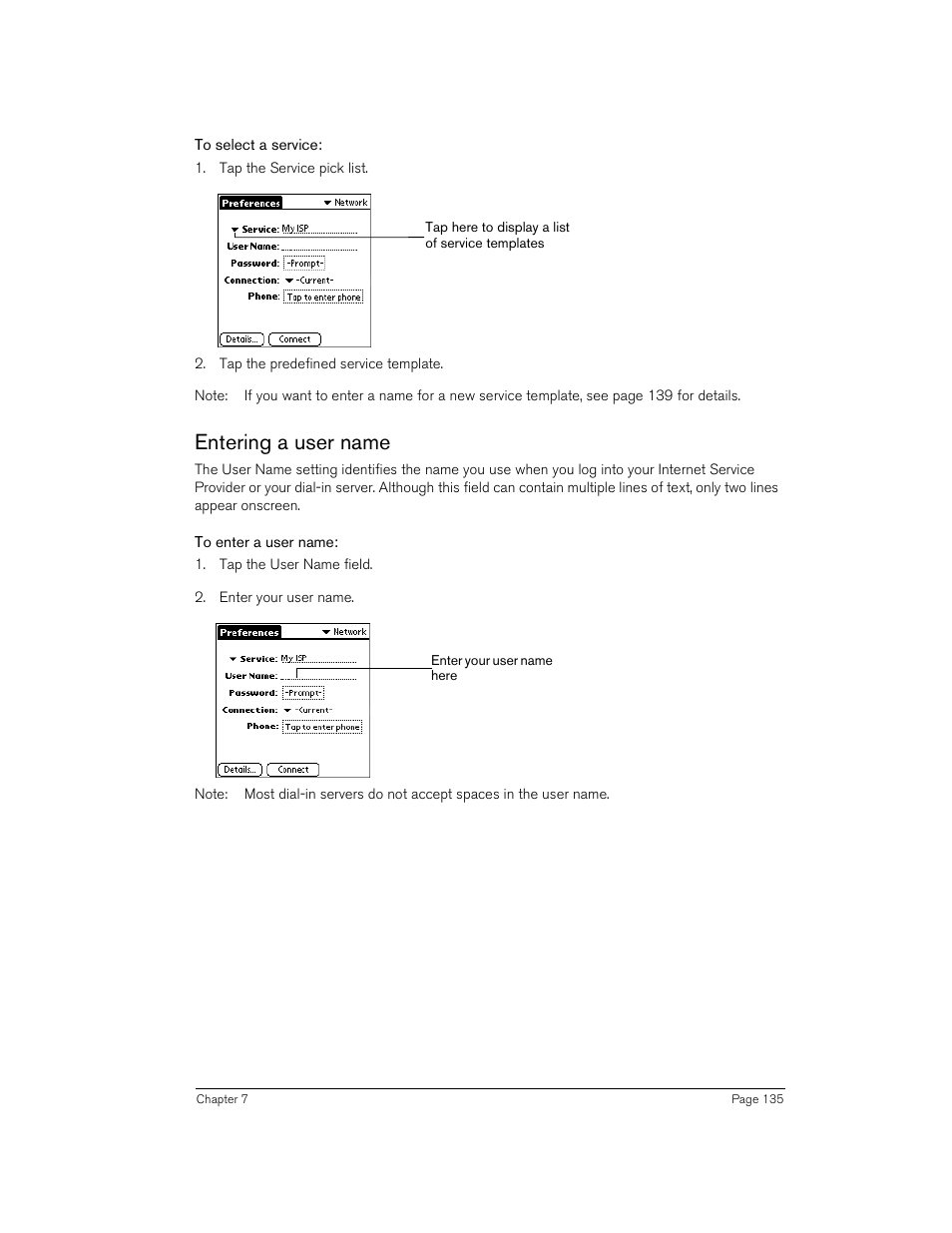 To select a service, Entering a user name, To enter a user name | Handspring 90 User Manual | Page 135 / 232