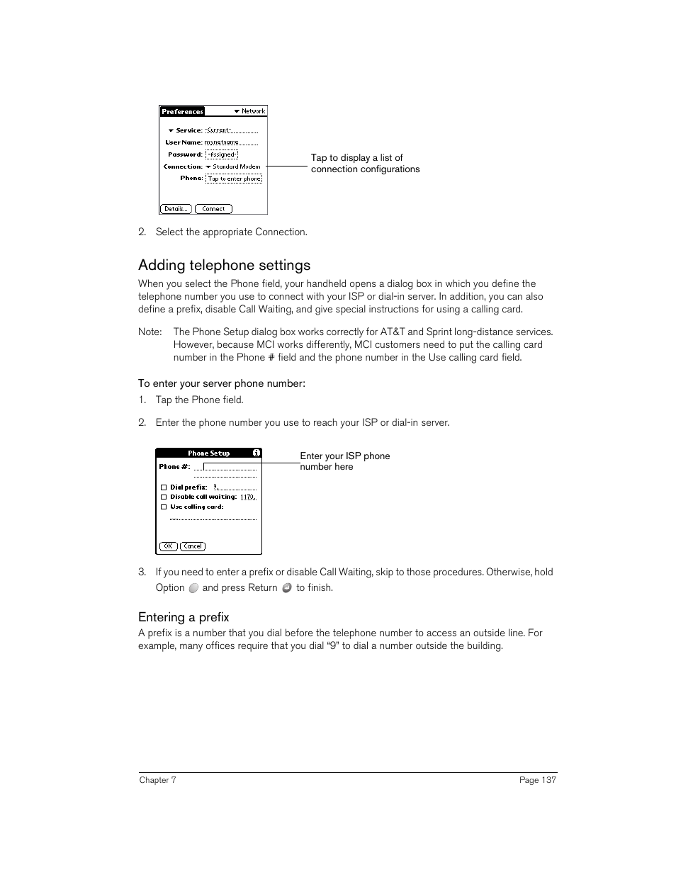 Adding telephone settings, To enter your server phone number, Entering a prefix | Handspring 90 User Manual | Page 137 / 232