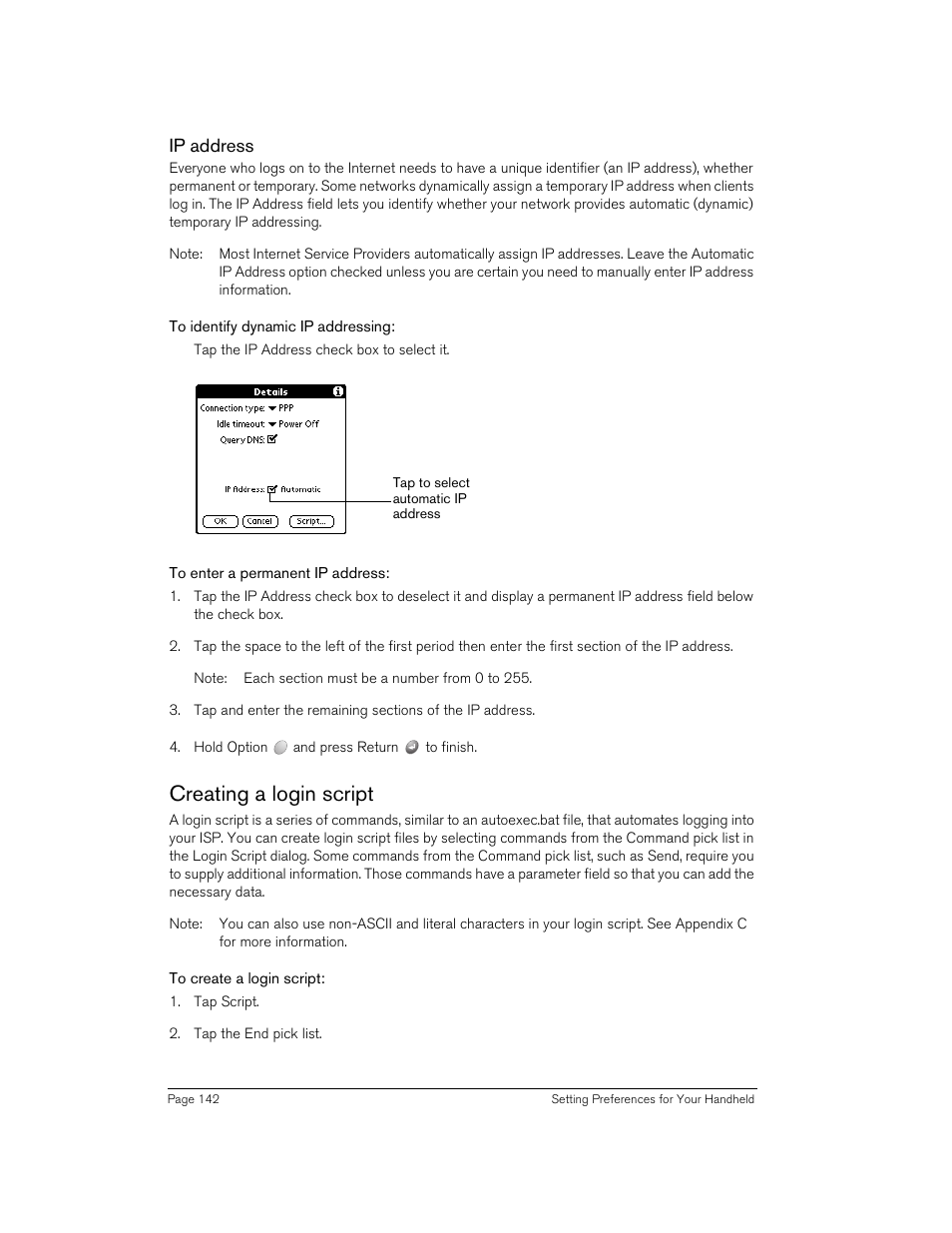 Ip address, To identify dynamic ip addressing, To enter a permanent ip address | Creating a login script, To create a login script | Handspring 90 User Manual | Page 142 / 232
