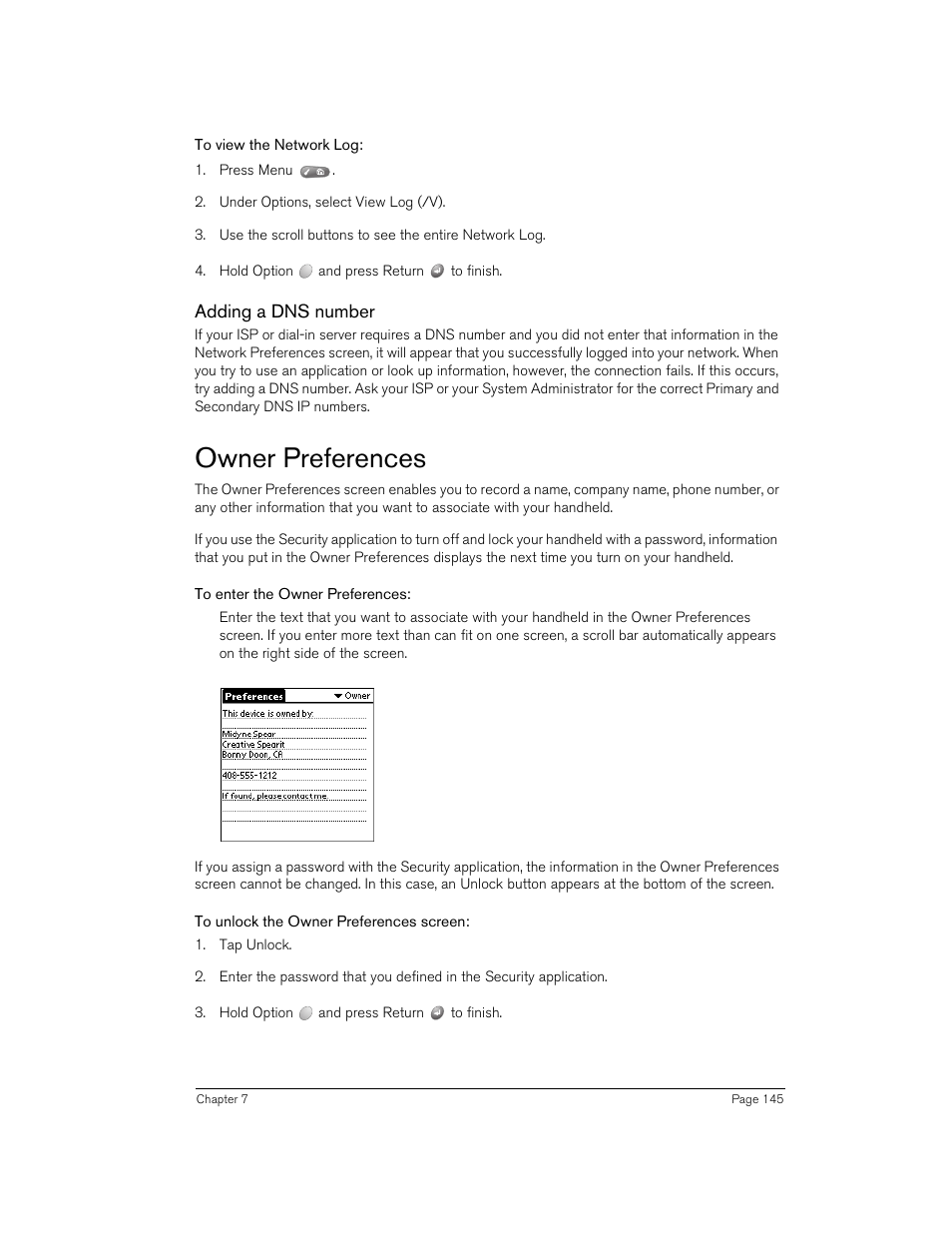 To view the network log, Adding a dns number, Owner preferences | To enter the owner preferences, To unlock the owner preferences screen | Handspring 90 User Manual | Page 145 / 232