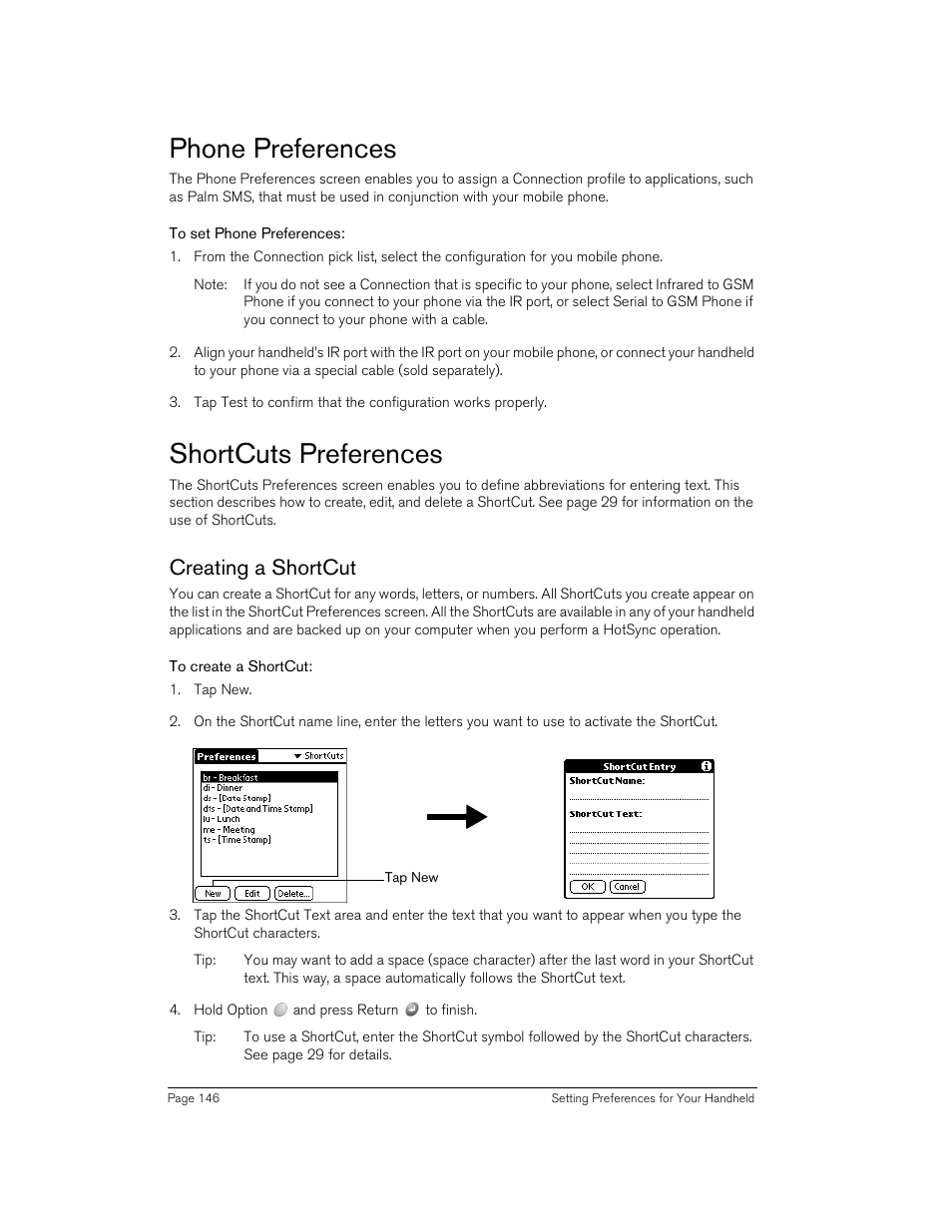 Phone preferences, To set phone preferences, Shortcuts preferences | Creating a shortcut, To create a shortcut | Handspring 90 User Manual | Page 146 / 232