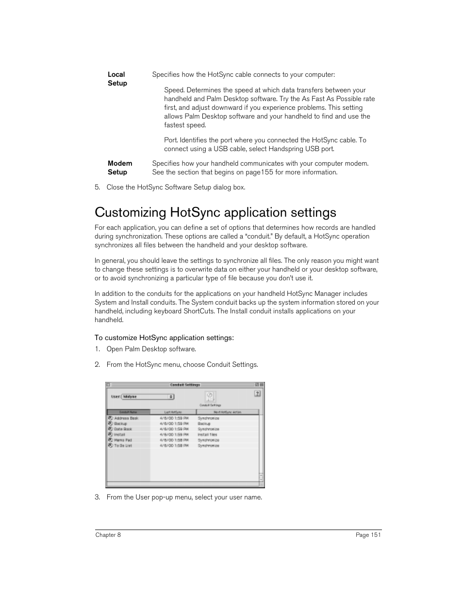 Customizing hotsync application settings, To customize hotsync application settings | Handspring 90 User Manual | Page 151 / 232