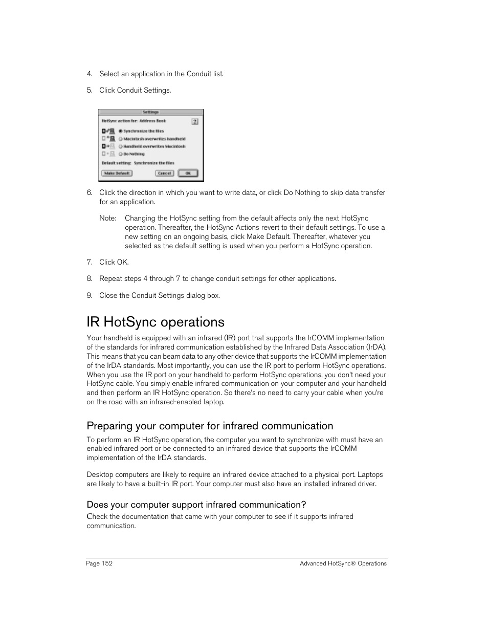Ir hotsync operations, Preparing your computer for infrared communication, Does your computer support infrared communication | Ge 152 | Handspring 90 User Manual | Page 152 / 232