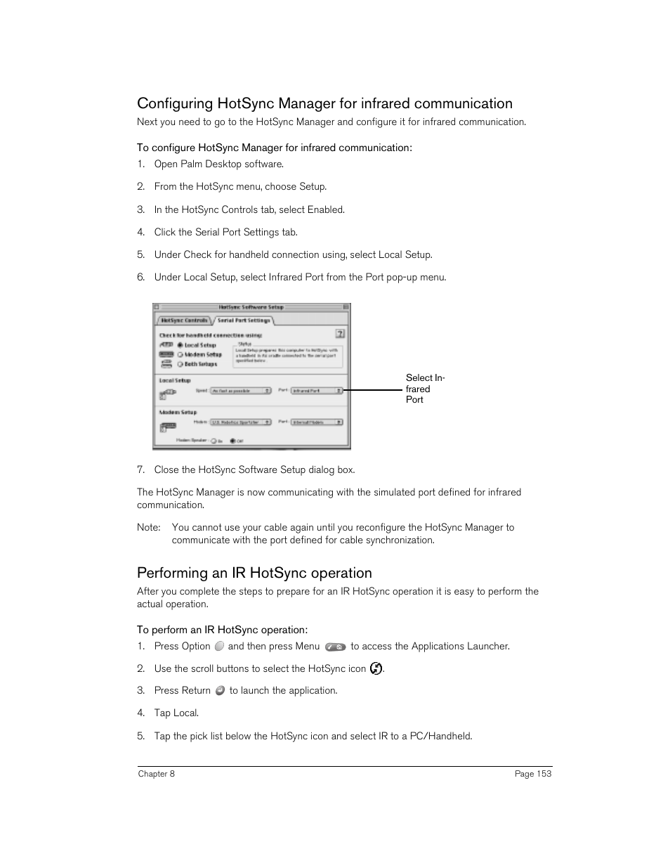 Performing an ir hotsync operation, To perform an ir hotsync operation | Handspring 90 User Manual | Page 153 / 232