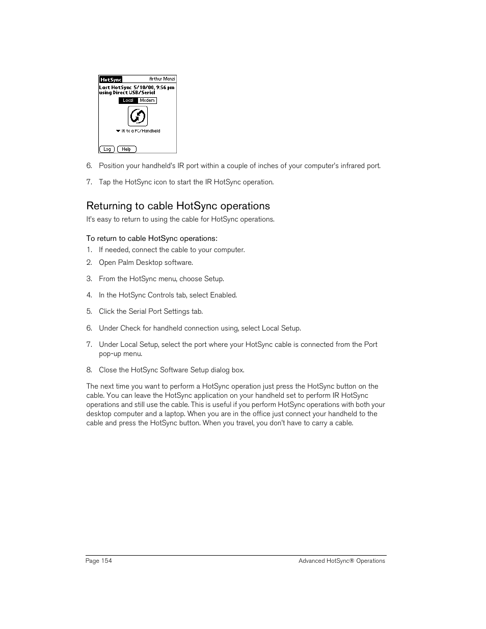 Returning to cable hotsync operations, To return to cable hotsync operations | Handspring 90 User Manual | Page 154 / 232