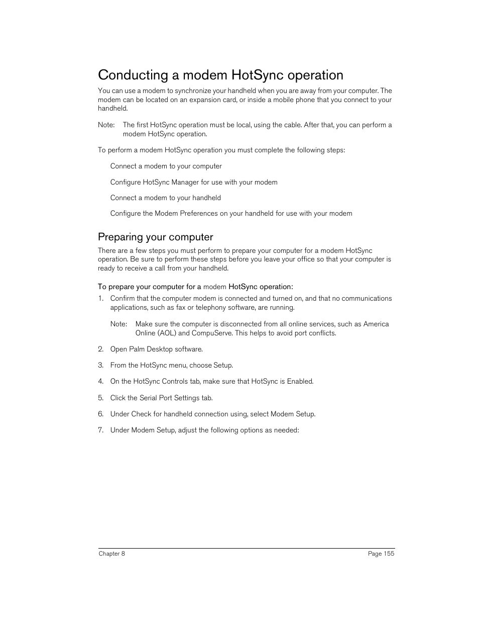 Conducting a modem hotsync operation, Preparing your computer | Handspring 90 User Manual | Page 155 / 232